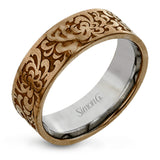 This wedding band's elegant, textured design in rose gold is accented by a simple white gold interior
