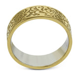 This wedding band's elegant, textured design in yellow gold is accented by a simple white gold interior