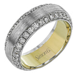 This sublimely beautiful wedding band in two-tone gold features a brushed white gold exterior and 1.87 ctw of round white diamonds along with a yellow gold interior accent.