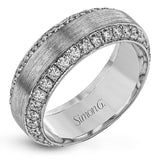 This sublimely beautiful wedding band in two-tone gold features a brushed white gold exterior and 1.87 ctw of round white diamonds along with a yellow gold interior accent.