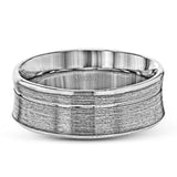 This minimalist white gold wedding band features a brushed outside texture for understated elegance