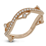 This 18k rose gold band has a design of in intertwined lines of pave set and bezel set diamonds that create a distinctive look.