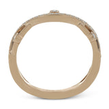 This 18k rose gold band has a design of in intertwined lines of pave set and bezel set diamonds that create a distinctive look.