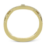 This 18k yellow gold band has a design of in intertwined lines of pave set and bezel set diamonds, which creates a distinctive look.