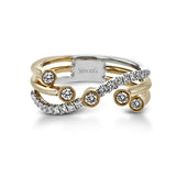 Uniquely modern, this wedding band contains .34 ctw of round white diamonds set in multiple rose gold prongs with a white gold contrast band.
