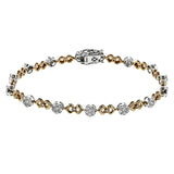 This unique bracelet shows off a total 1.15 ctw of round white diamonds in white gold settings accented by charming rose gold details