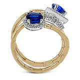 1.40 ctw of sapphires sparkle at the ends of this comfortable, segmented rose gold coil, with .38 ctw of round white diamonds glimmering in white gold accents.