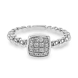 This eye-catching, modern engagement ring features a beadlike effect in white gold, crowned with .15 ctw of round white diamonds clustered in a square center setting.