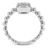 This eye-catching, modern engagement ring features a beadlike effect in white gold, crowned with .15 ctw of round white diamonds clustered in a square center setting.