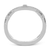This 18k white gold band has a design of in intertwined lines of pave set and bezel set diamonds, which creates a distinctive look.