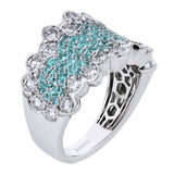 This wonderful fashion ring showcases .62 ctw of bright blue-green paraiba tourmaline in the center, surrounded by 1.91 ctw of white diamonds.