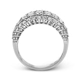 This unique white gold ring features a total of 1.74 ctw of white diamonds in an intricately designed setting.