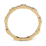 This yellow gold band form a modern style band set with .33 ctw of striking round cut white diamond accents. Perfect for stacking.