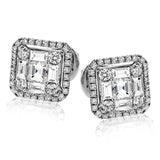 These stud earrings are the perfect addition to any outfit, showcasing a mosaic of square, baguette, and round diamonds.