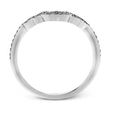 This lovely contemporary design features white gold and .14 ctw of round white diamonds and .42 ctw of oval shaped white diamonds as well as delicate milgrain edging around its centerpiece.