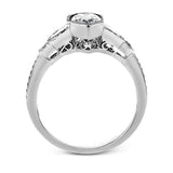 This lovely contemporary design features white gold and .14 ctw of round white diamonds and .42 ctw of oval shaped white diamonds as well as delicate milgrain edging around its centerpiece.