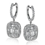 These lovely earrings feature a mosaic of smaller diamonds in the center, creating quite a statement! These 18k white gold earrings contain .41 ctw of round diamonds and .79 ctw of baguette diamonds.
