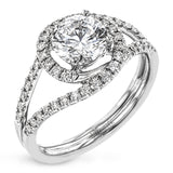 Crafted in the highest quality platinum, this engagement ring design features a two overlapping loops encircling the center stone set with .25 ctw of white diamonds.