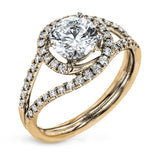 Crafted in the highest quality platinum, this engagement ring design features a two overlapping loops encircling the center stone set with .25 ctw of white diamonds.