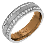 This two-tone 14k wedding band is a stunner with two rows of .50 ctw of white diamond set in rose gold along the outside, and 14k white gold on the interior.