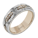 .35 ctw of white diamonds highlight the unique, eye-catching puzzle piece design of this white and rose gold wedding band