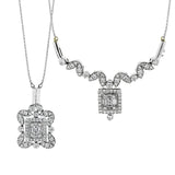 This white gold necklace's innovative folding design lets you decide how best to show off .49 ctw of round white diamonds and .15 ctw of baguette shaped diamonds