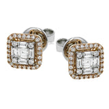 These two-tone 18k gold stud earrings feature a diamond mosaic in the center, surrounded by a halo of smaller diamonds set into rose gold. They contain .15 ctw round diamonds, .14 ctw princess cut diamonds, and .12 ctw baguette diamonds.