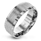 This men's band has beveled edges and a brushed texture extending around the ring.