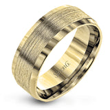 This men's band has beveled edges and a brushed texture extending around the ring.