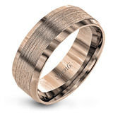 This men's band has beveled edges and a brushed texture extending around the ring.