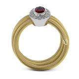 This unique right hand ring of gold coils wraps your finger in luxury and features an oval Ruby 0.57 ctw. surrounded by a halo of wite diamonds 0.14 ctw.