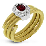 This unique right hand ring of gold coils wraps your finger in luxury and features an oval Ruby 0.57 ctw. surrounded by a halo of wite diamonds 0.14 ctw.