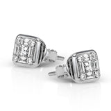 This 18k white gold earrings are a wonderful modern take on a classic diamond stud earring. They contain .06 ctw round diamonds, .12 ctw princess cut diamonds, and .15 ctw of baguette diamonds.