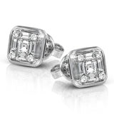 This square 18k white gold earrings are actually made up of 9 smaller diamonds, including .09 ctw round diamonds, .19 ctw princess cut diamonds, and .25 ctw baguette diamonds.