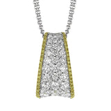 Modern yet romantic, this lovely pendant in two-tone gold shines with 1.62 ctw of round white diamonds flanked by beautiful accents of .23 ctw of yellow diamonds.