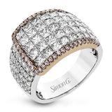 this two-tone 18k gold ring has 2.64 ctw of Simon-set princess cut diamonds along with .44 ctw of round white diamonds. The edge of the overlapping section is accented by .28 ctw of pink diamonds in rose gold.
