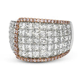 this two-tone 18k gold ring has 2.64 ctw of Simon-set princess cut diamonds along with .44 ctw of round white diamonds. The edge of the overlapping section is accented by .28 ctw of pink diamonds in rose gold.