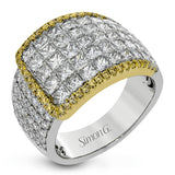 this two-tone 18k gold ring has 2.64 ctw of Simon-set princess cut diamonds along with .44 ctw of round white diamonds. The edge of the overlapping section is accented by .28 ctw of pink diamonds in rose gold.