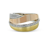 Beautiful and distinctive, this ring features overlapping bands in three-tone gold, with .20 ctw of round white diamonds shimmering from the white gold sections