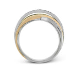Beautiful and distinctive, this ring features overlapping bands in three-tone gold, with .20 ctw of round white diamonds shimmering from the white gold sections
