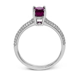 This graceful ring features .31 ctw of white diamonds set into the ring with a .90 ctw ruby.