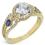 This intricate vintage-inspired engagement ring has two accent sapphire side stone totaling .25 ctw, while .33 ctw of white diamonds sparkle on the rest of the setting.