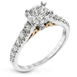 This beautiful white gold engagement ring is set with .55 ctw of round white diamonds flanking the center stone, as well as a distinctive rose gold accent