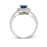 This lovely vintage-inspired setting features a geometric halo design containing .30 ctw of round diamonds, .18 ctw of baguette diamonds, and a center .96 ct sapphire.