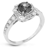 This lovely vintage-inspired setting features a geometric halo design containing .30 ctw of round diamonds, .18 ctw of baguette diamonds, and a center .96 ct sapphire.