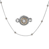 With .18 ctw of shining white diamonds bezel-set throughout the design, this contemporary 18k two-tone gold necklace is sure to become and everyday favorite.