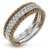 This unique white gold wedding band features .49 ctw of round white diamonds as well as a distinctive edging of coiled rose gold