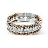 This unique white gold wedding band features .49 ctw of round white diamonds as well as a distinctive edging of coiled rose gold