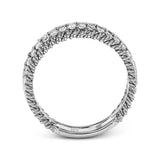 This unique white gold wedding band features .49 ctw of round white diamonds as well as a distinctive edging of coiled rose gold