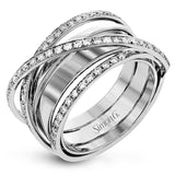 This modern, dynamic ring features an overlapping design of shiny high polished 18k white gold and rows of sparking white diamonds. The ring contains .50 ctw of round diamonds.